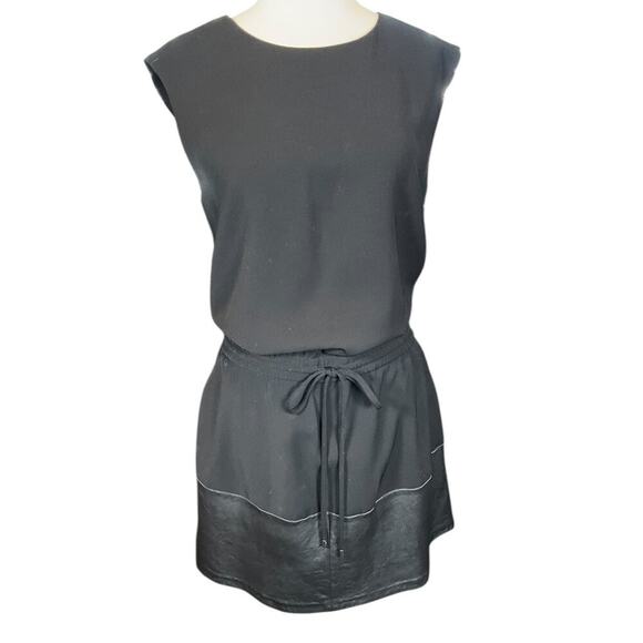 VINCE Lamb Leather Contrast Drawstring Waist Black Dress Size Small Preppy - Picture 2 of 11